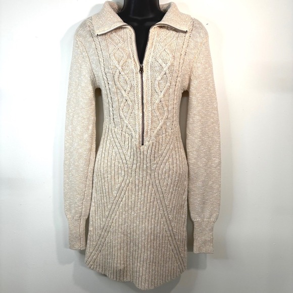 Free People Chunky Cable Knit Zipper Front Sweater Dress Beige XS Academia Boho - Picture 2 of 16